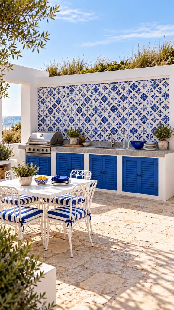 Mediterranean outdoor kitchen with cobalt patterned tiles and blue shutter cabinets