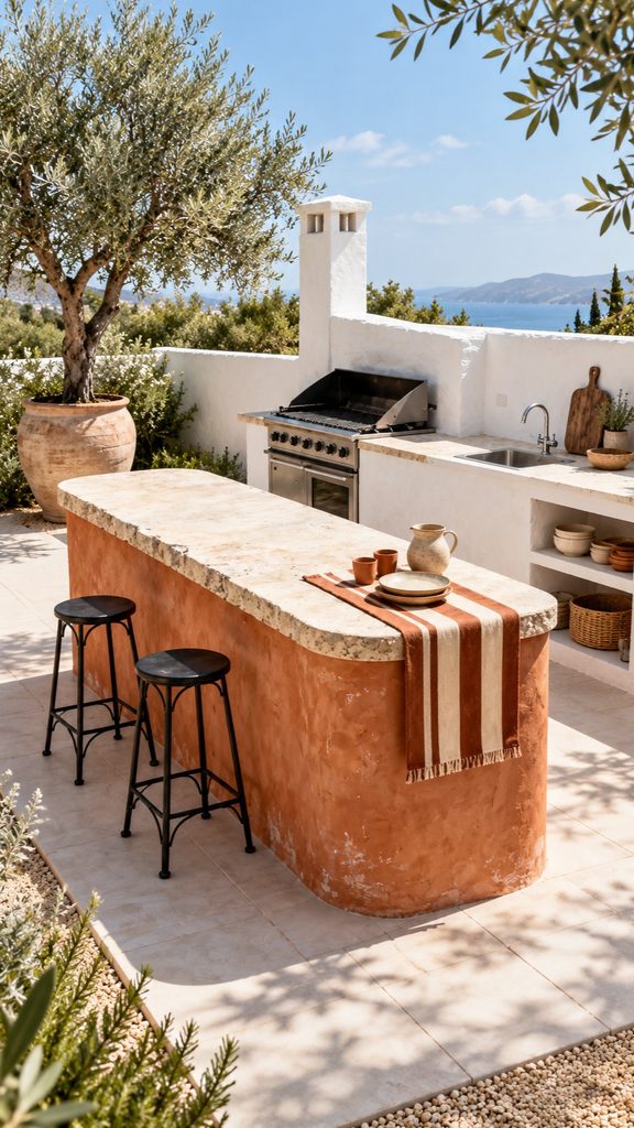 Mediterranean outdoor kitchen with a terracotta prep island and olive tree planter