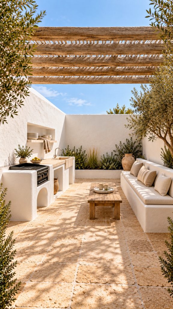 Mediterranean outdoor kitchen with sculpted white masonry and a separate cushioned bench