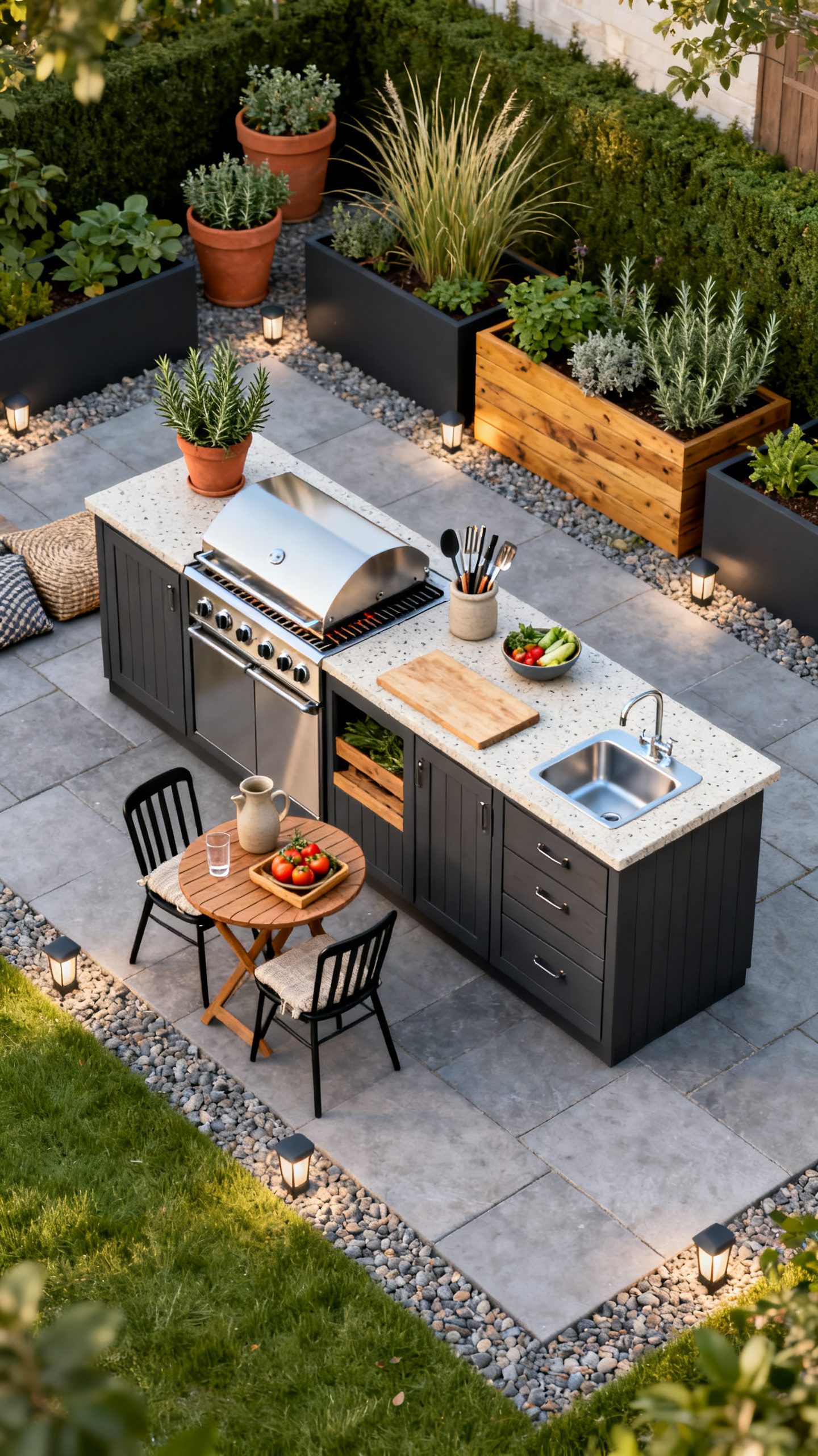 Open Outdoor Kitchen Ideas: A Straight Counter Facing the Garden