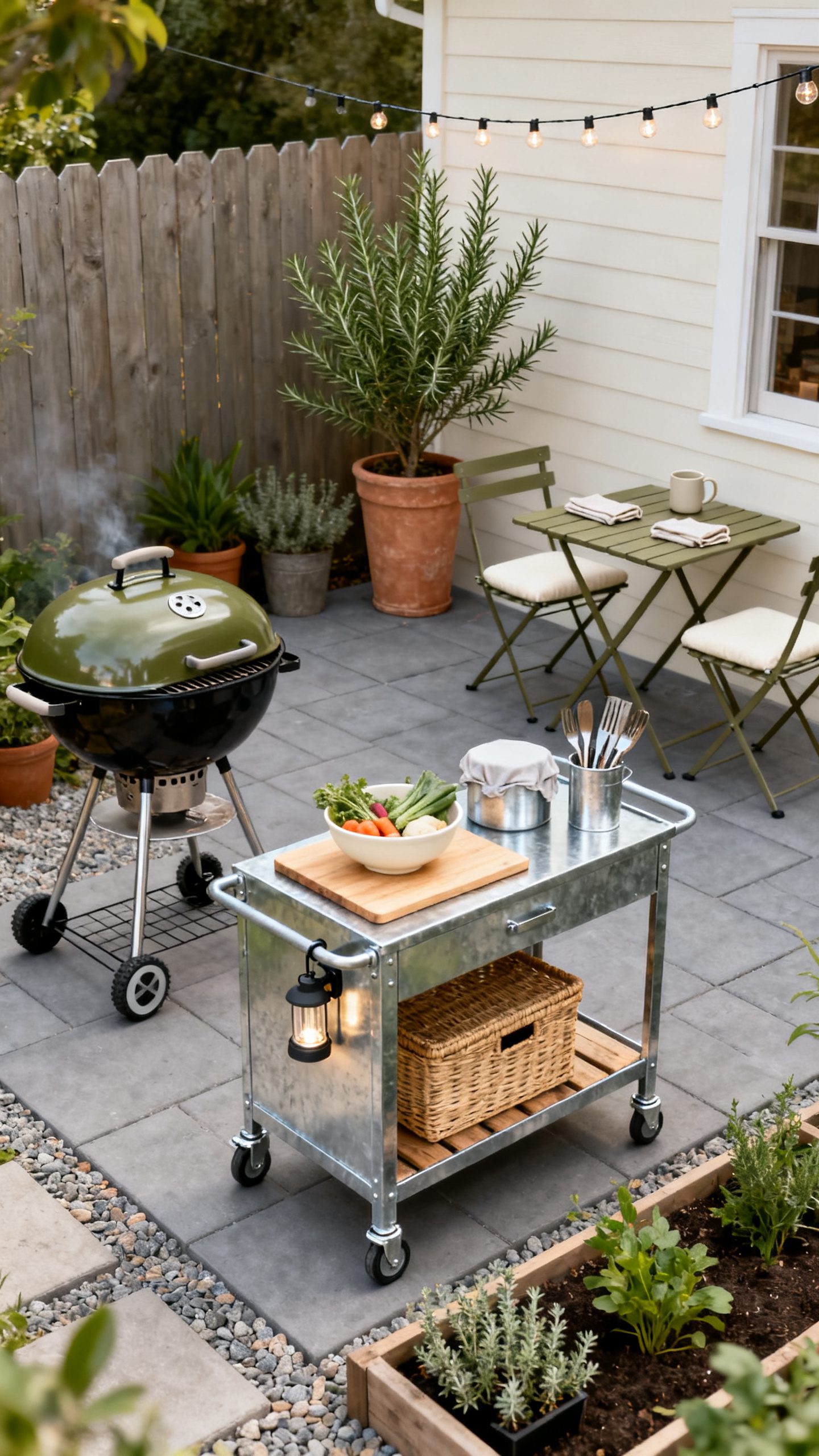 Open Outdoor Kitchen Ideas: A Small Patio Kitchen With a Rolling Prep Cart