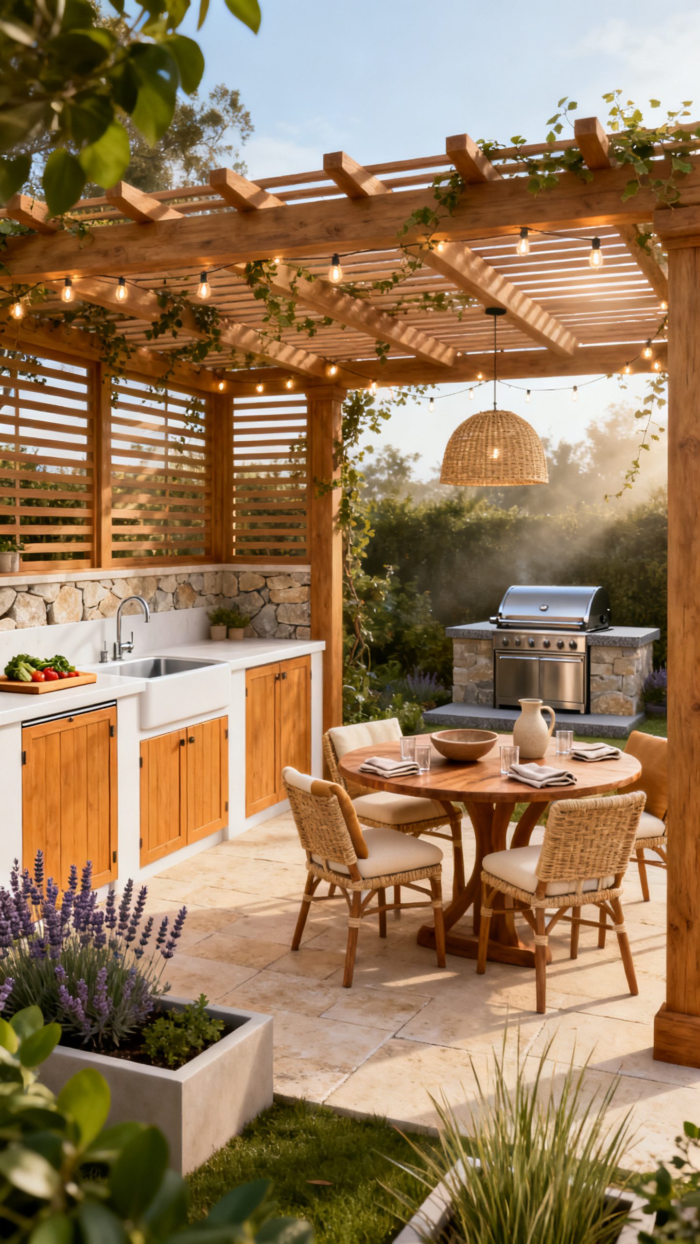 Open Outdoor Kitchen Ideas: A Pergola Over the Prep and Dining Area