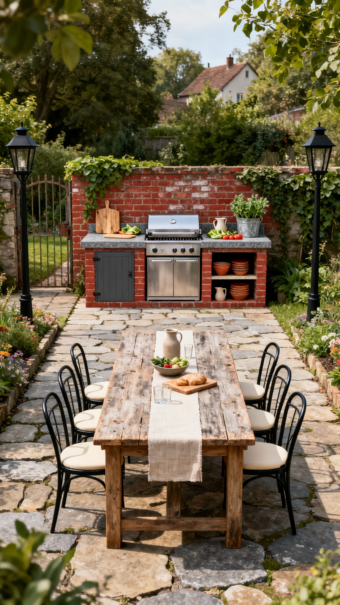 Open Outdoor Kitchen Ideas: A Long Table Beside a Rustic Cooking Run