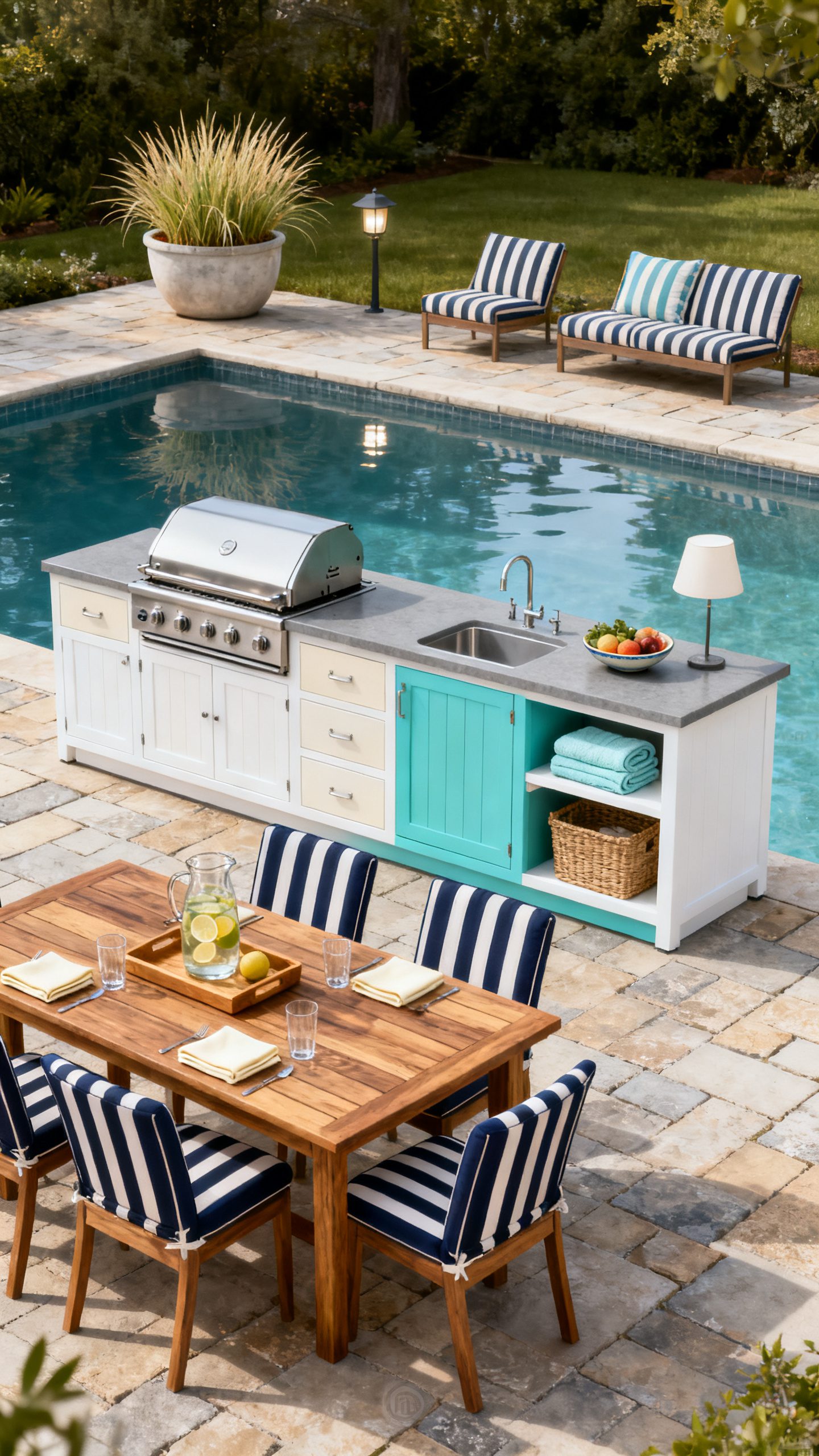 Open Outdoor Kitchen Ideas: A Poolside Kitchen With a Dry Gathering Zone