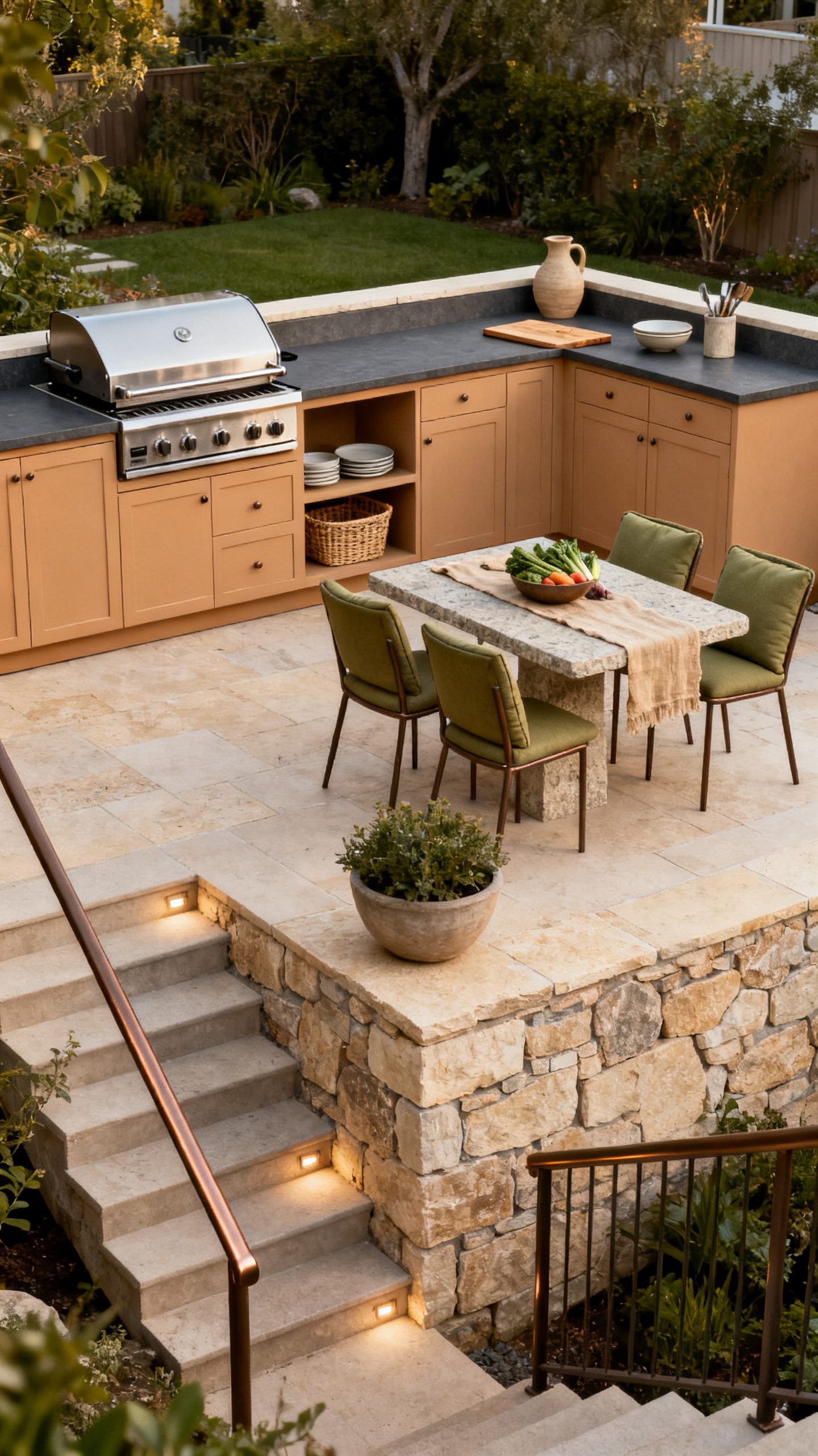 Open Outdoor Kitchen Ideas: A Split-Level Yard With a Kitchen on the Upper Terrace