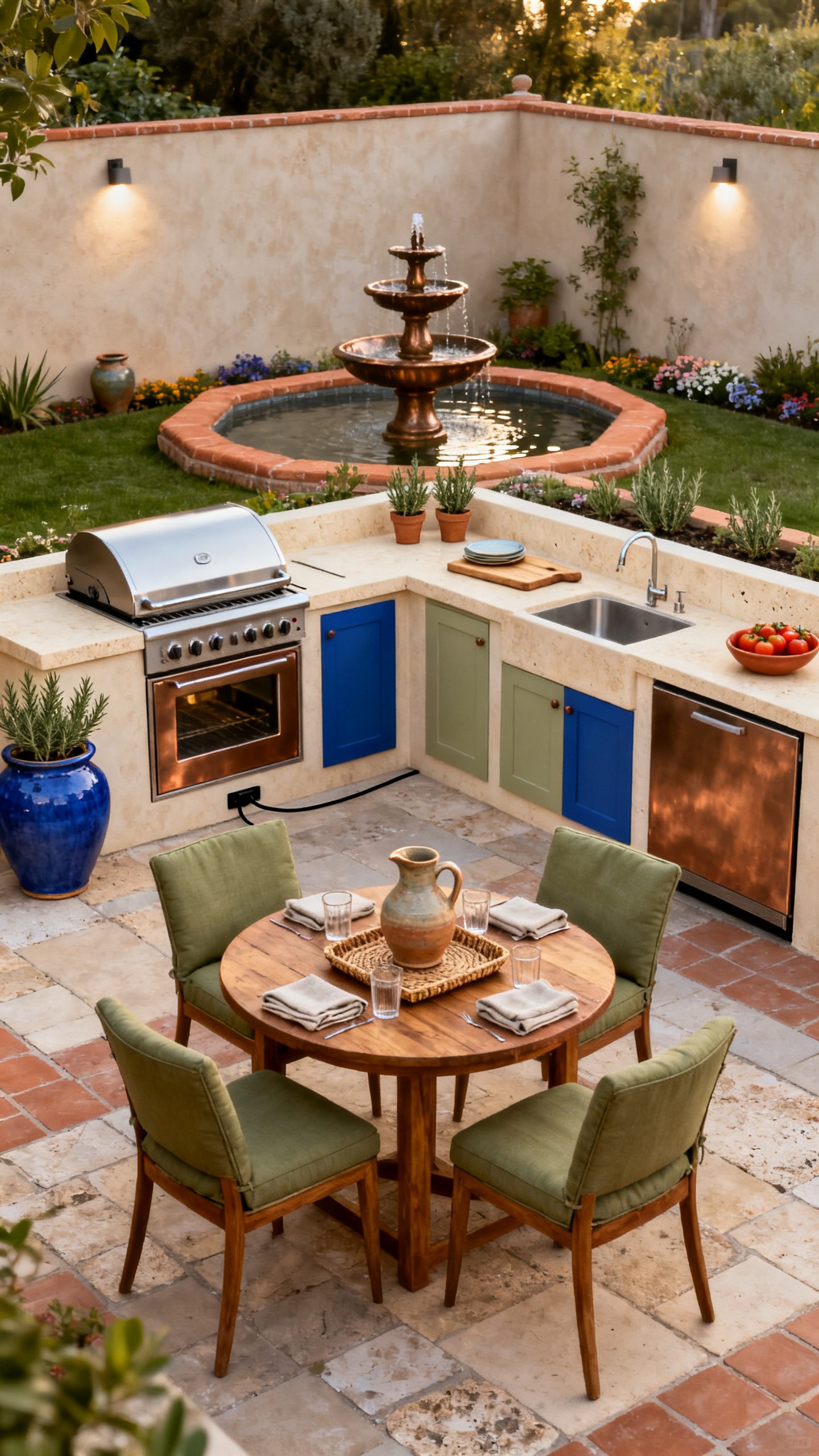 Open Outdoor Kitchen Ideas: A Courtyard Kitchen With a Gentle Fountain Backdrop