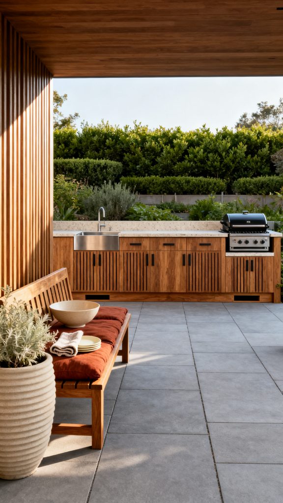 Warm Teak Slats with a Quiet Garden Backdrop