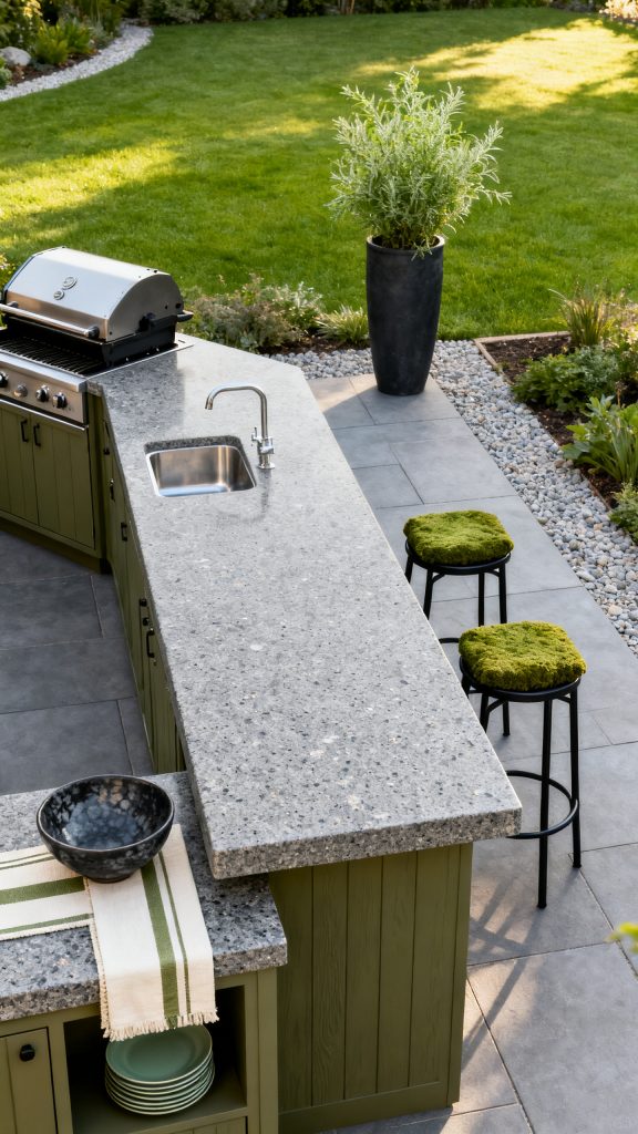 Honed Granite With a Garden-Facing Breakfast Ledge