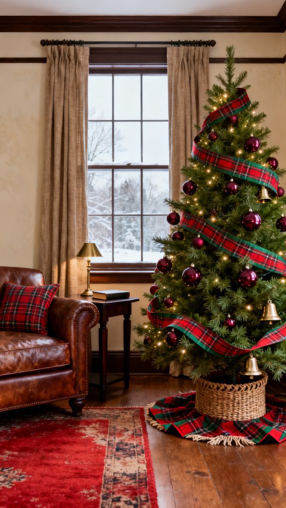 A Full Tartan Tree in a Wood-Toned Living Room