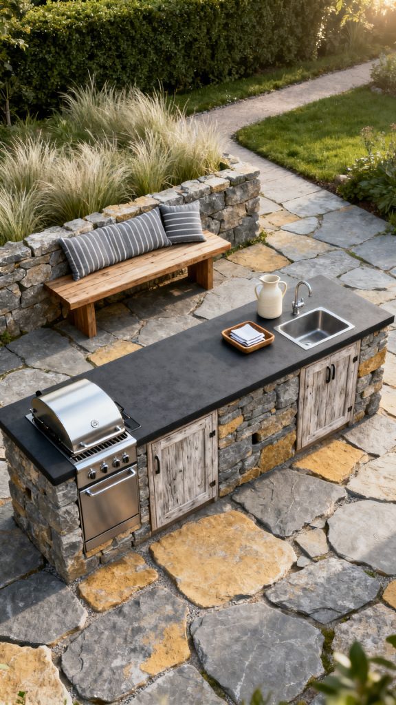 A Fieldstone Kitchen With a Garden View