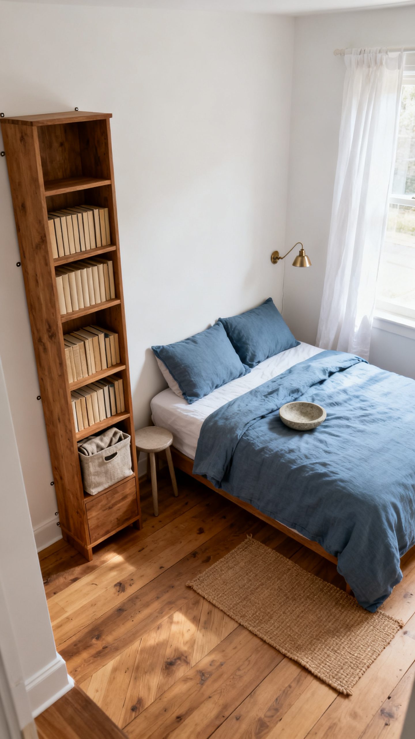Small Bedroom Bookshelf Ideas: Replace One Nightstand With a Slim Book Tower