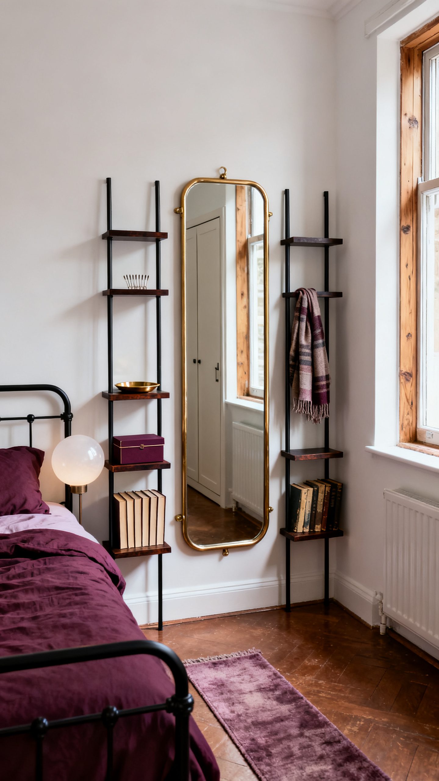 Small Bedroom Bookshelf Ideas: Add Narrow Book Towers Beside a Dressing Mirror